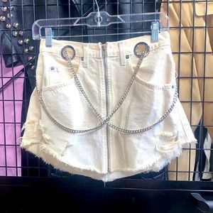 Carmar Los Angeles Distressed Cream Denim Mini Skirt w/Chain Detail